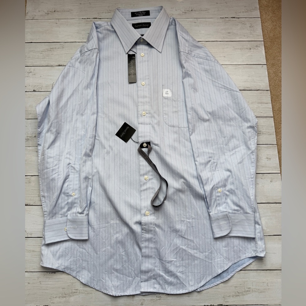 Kenneth Roberts Platinum Dress Shirt 17 32/33 Blue Herringbone NWT